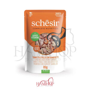 پوچ گربه شسیر طعم سالمون و مرغ و میگو وزن85گرم Schesir Cat Tuna & Chicken With Shrimp