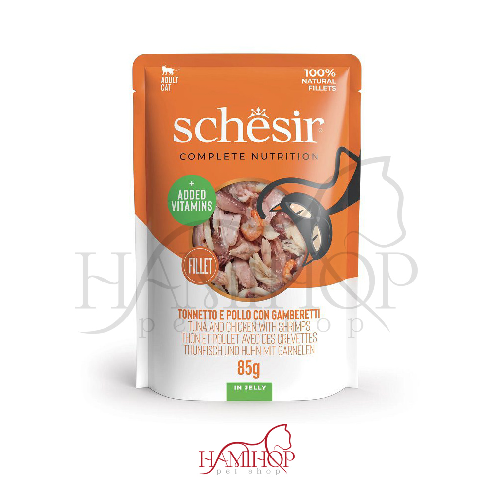 پوچ گربه شسیر طعم سالمون و مرغ و میگو وزن85گرم Schesir Cat Tuna & Chicken With Shrimp