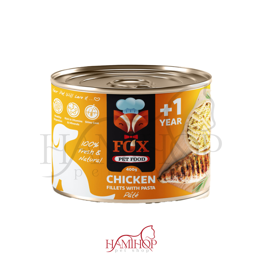 کنسرو پاته سگ برند فاکس طعم فیله مرغ و پاستا 500 گرمی fox chicken fillets with pasta