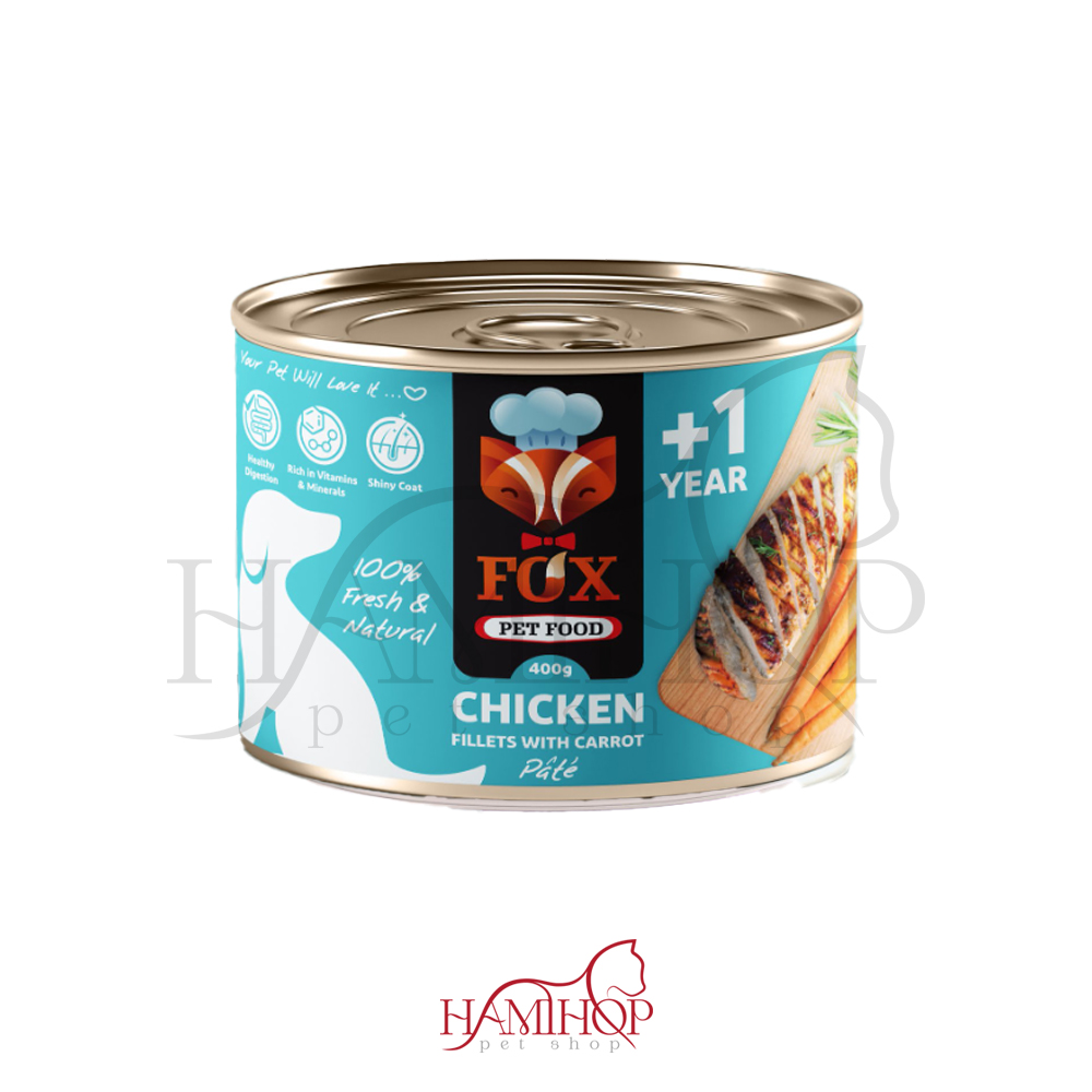کنسرو پاته سگ برند فاکس طعم فیله مرغ و هویج 500 گرمی fox chicken fillets with carrot
