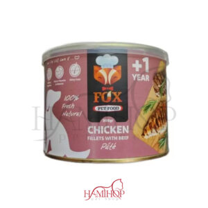 کنسرو پاته سگ برند فاکس طعم فیله مرغ و گوشت 500 گرمی fox chicken fillets with beff