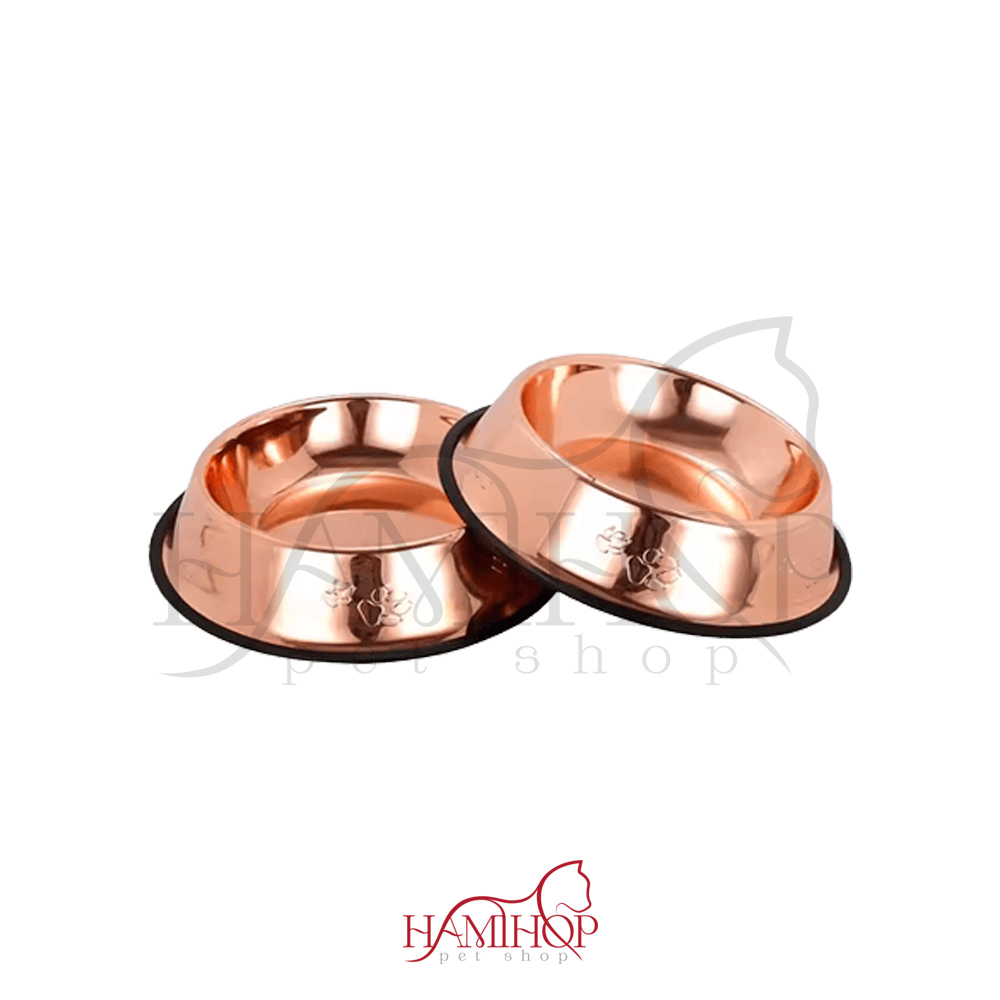 ظرف آب و غذای سگ و گربه سایز 2 مدل استیل رنگ رزگلد طرح پنجه Nunbell Pet Stainless Colored
