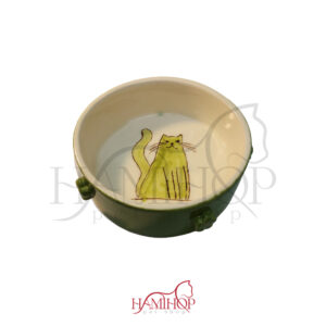 ظرف آب و غذا سرامیکی سبز طرح گربه آبرنگی