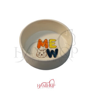 ظرف آب و غذا سرامیکی سفید طرح MEOW آبرنگی