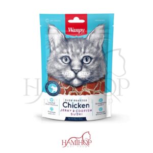 تشویقی گربه ونپی با طعم مرغ 80 گرم Wanpy Cat Chicken Jerky Codfish Sushi