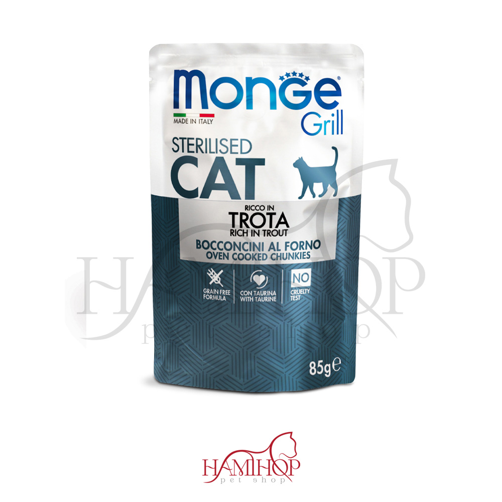 پوچ گربه بالغ عقیم شده مونژه با طعم قزل الا MONGE Grill Sterilised Wet Trota 85G